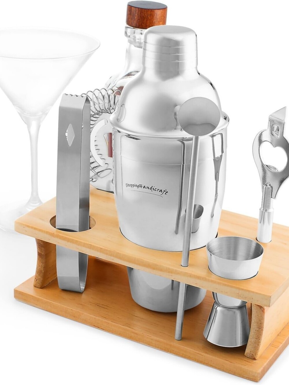 8-pc Stainless Steel Cocktail Bar Set Shaker Jigger Strainer Tongs Wooden Stand
